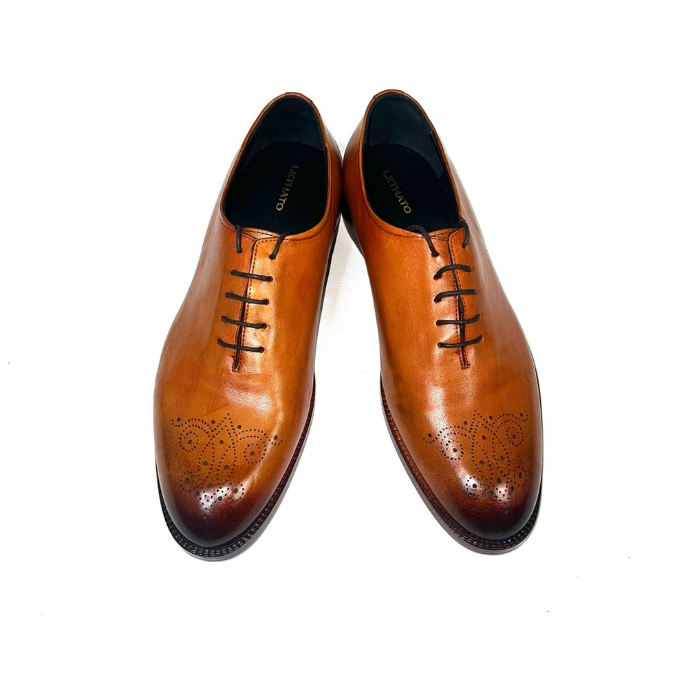 Lethato Medallion Wholecut Oxfords Hand made & Painted Tan Leather Size 11.5-12